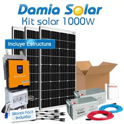 Kit Solar 1000W Fin de semana y verano. Con inversor onda pura y cargador: Luz, Televisión y nevera.