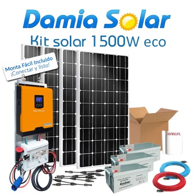 Kit Solar 1500W ECO Fines de semana Onda Pura: Luz, Tv, Microondas, Nevera, Portátil. ONDA PURA y CARGADOR